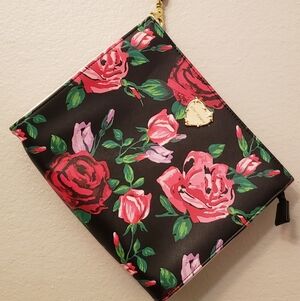 Betsey Johnson Black Floral Clutch Wristlet 10" X 8" X 2.5" With Mini Wallet